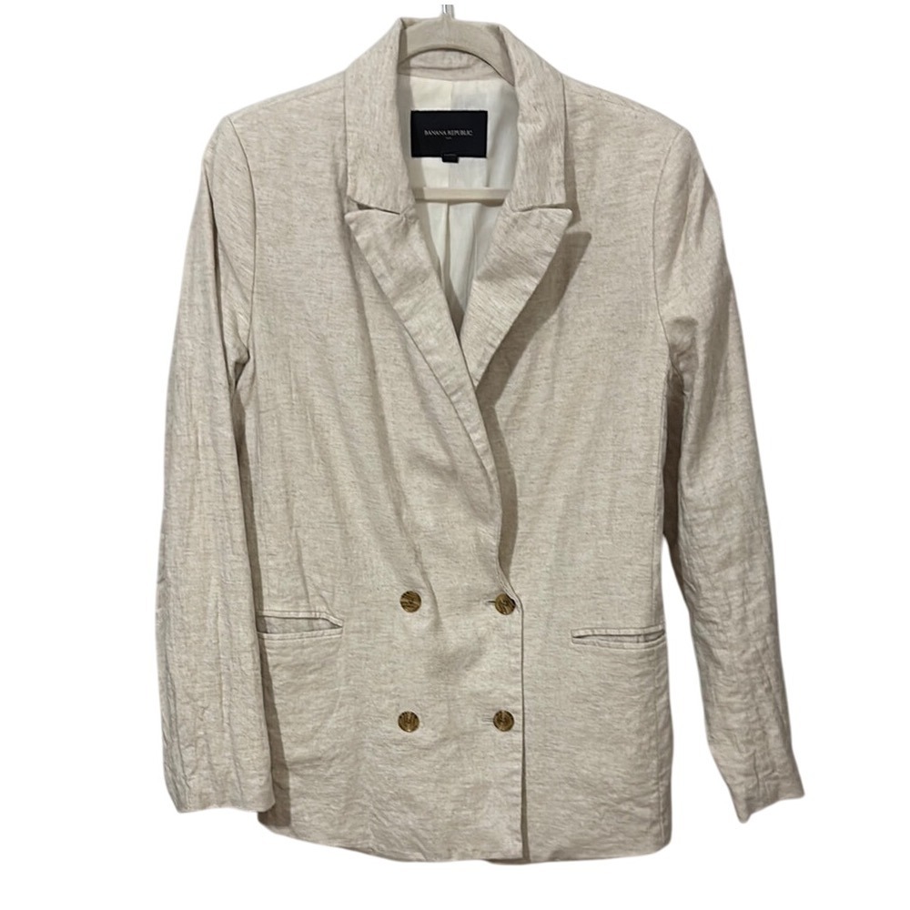 Banana Republic Cream Blazer Relaxed Fit Linen Blend Double‎ Breasted